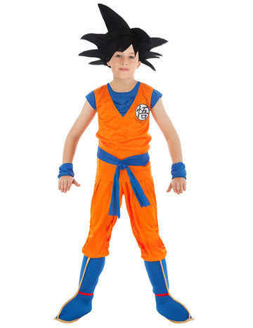 Déguisement Goku Saiyan Dragon Ball Z pour enfant orange et bleu avec perruque noire