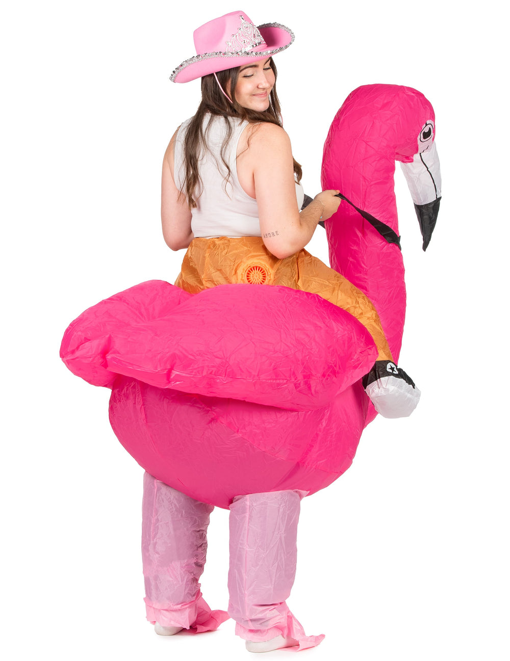 Vue de trois-quarts dos du déguisement gonflable flamingo