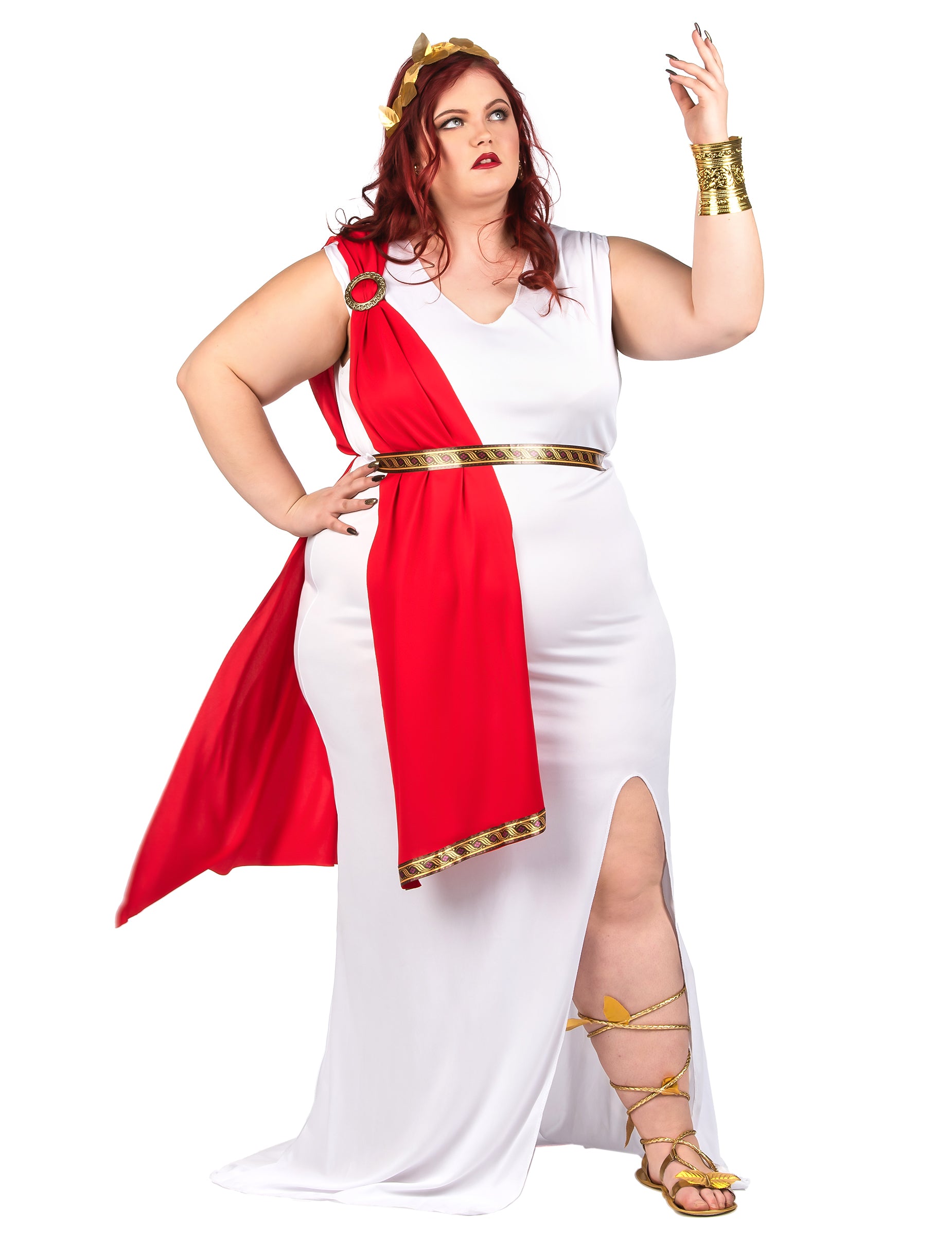 Vue de face du déguisement de déesse romaine à drapé pour femme