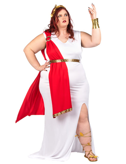 Vue de face du déguisement de déesse romaine à drapé pour femme