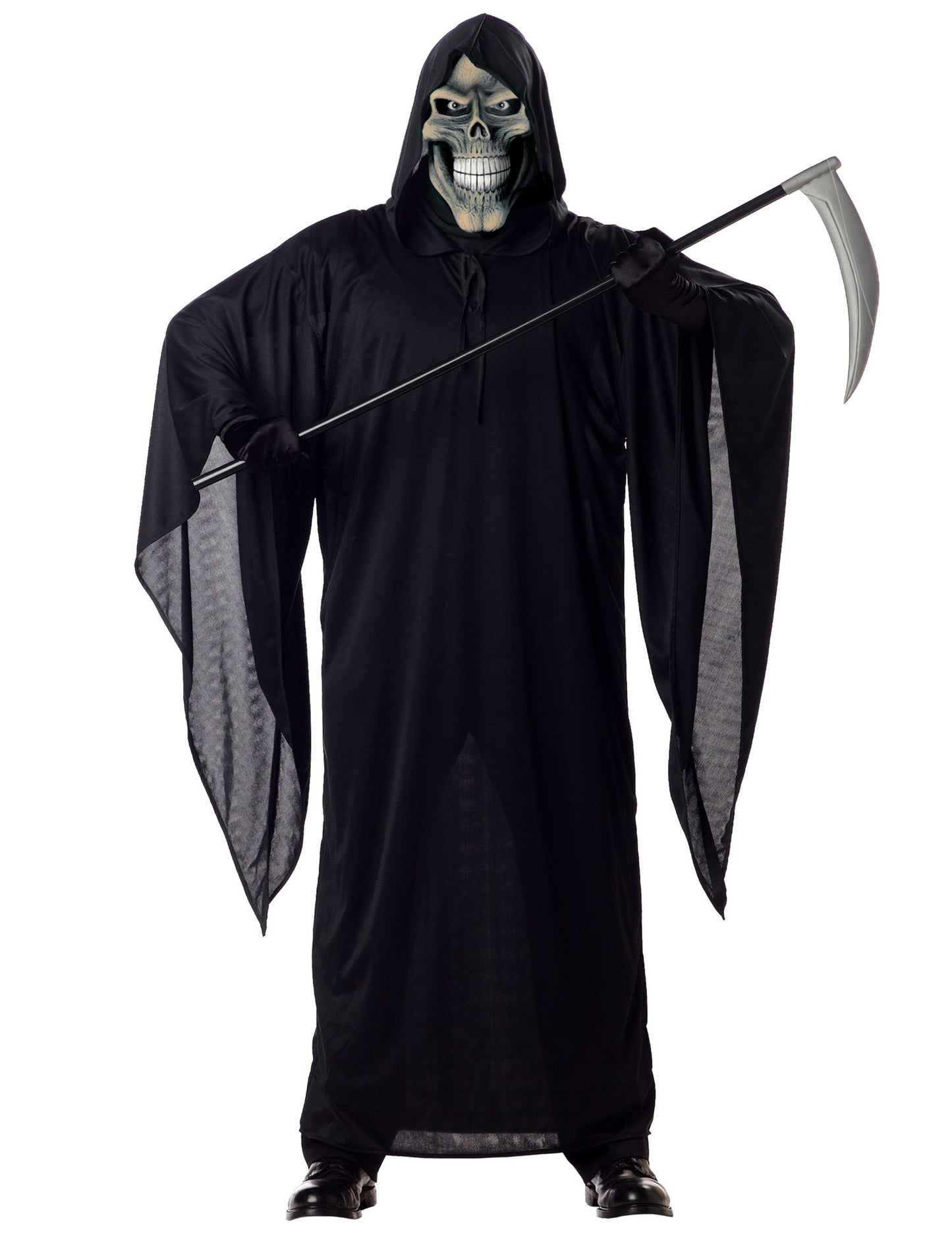 Déguisement de faucheuse pour homme noir avec masque de squelette et faux