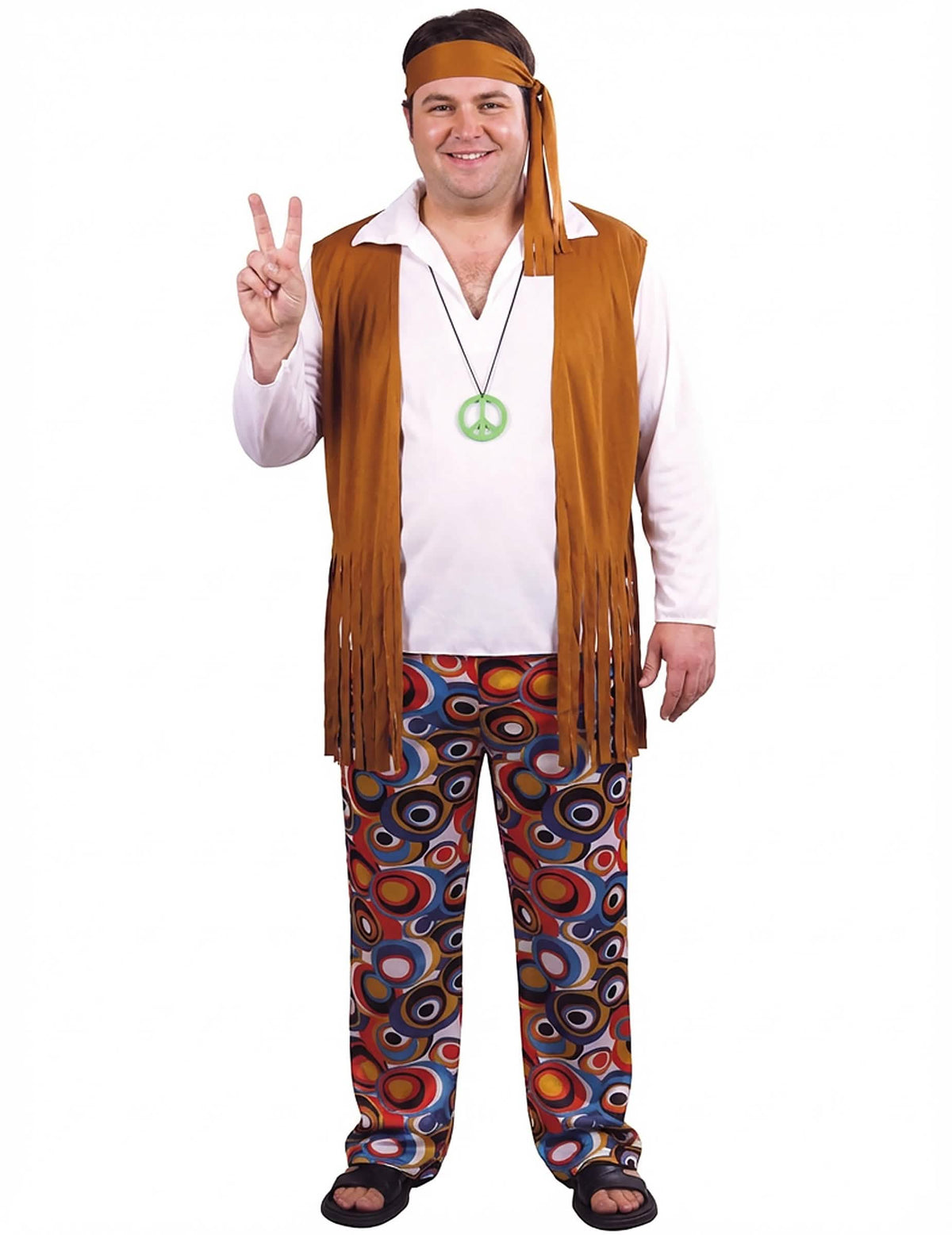 Kostým hippie pro muže hnědá a bílá s třásňovou vestou a čelenkou