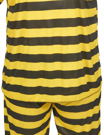 Détail des rayures jaunes et noires du déguisement de prisonnier pour adulte