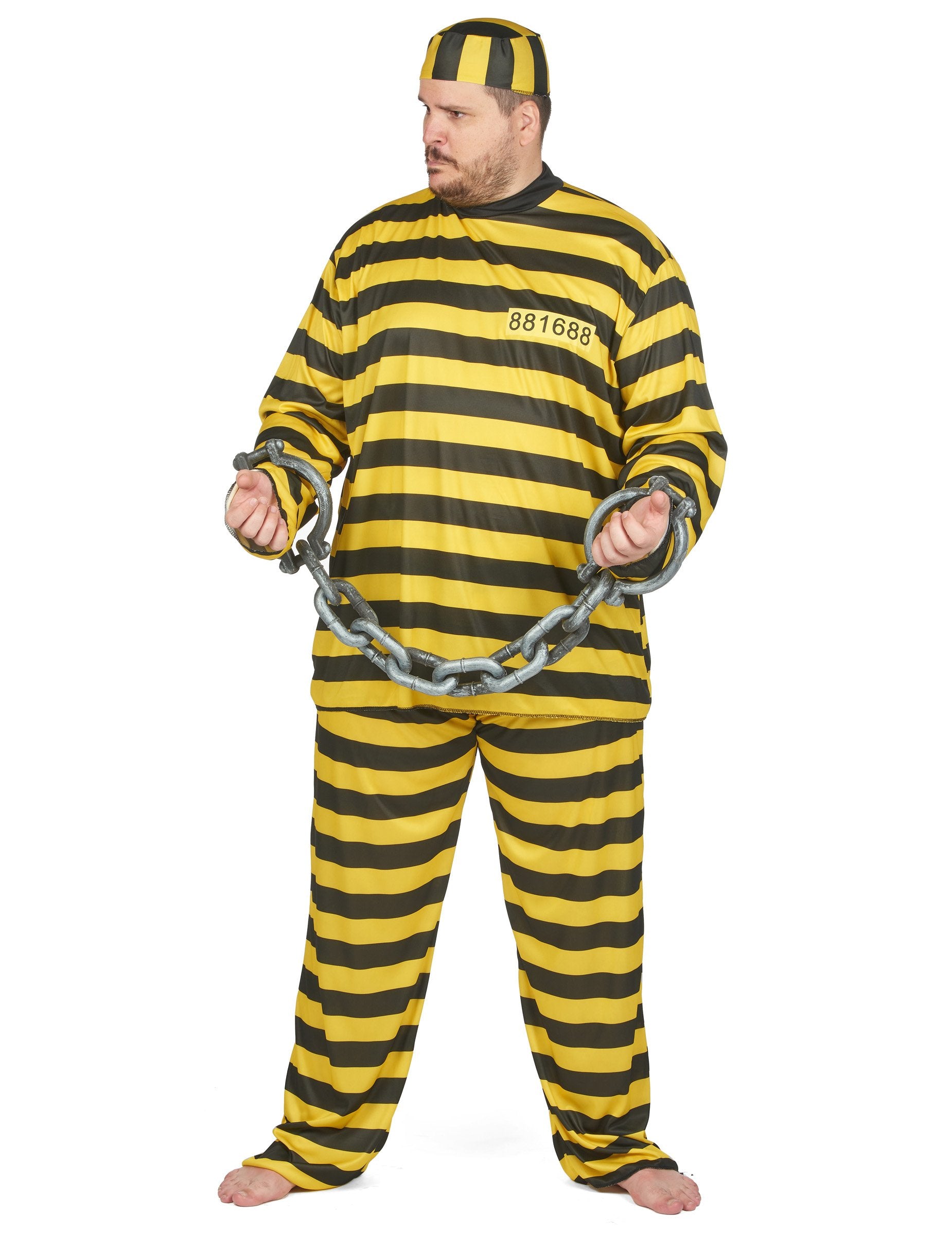 Vue de face avec chaînes du déguisement de prisonnier pour adulte