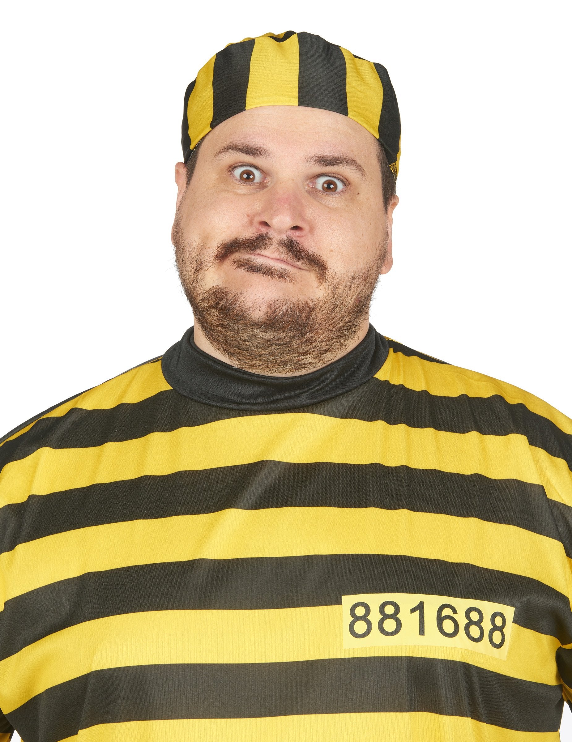 Gros plan sur le haut et le chapeau du déguisement de prisonnier pour adulte