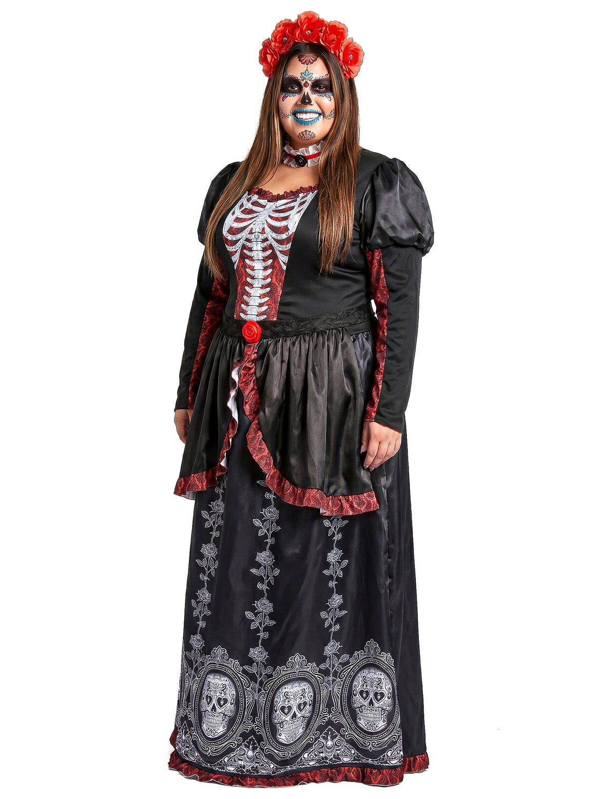 Dámský kostým ve velkých velikostech s dlouhým rukávem a motivem Día de los muertos