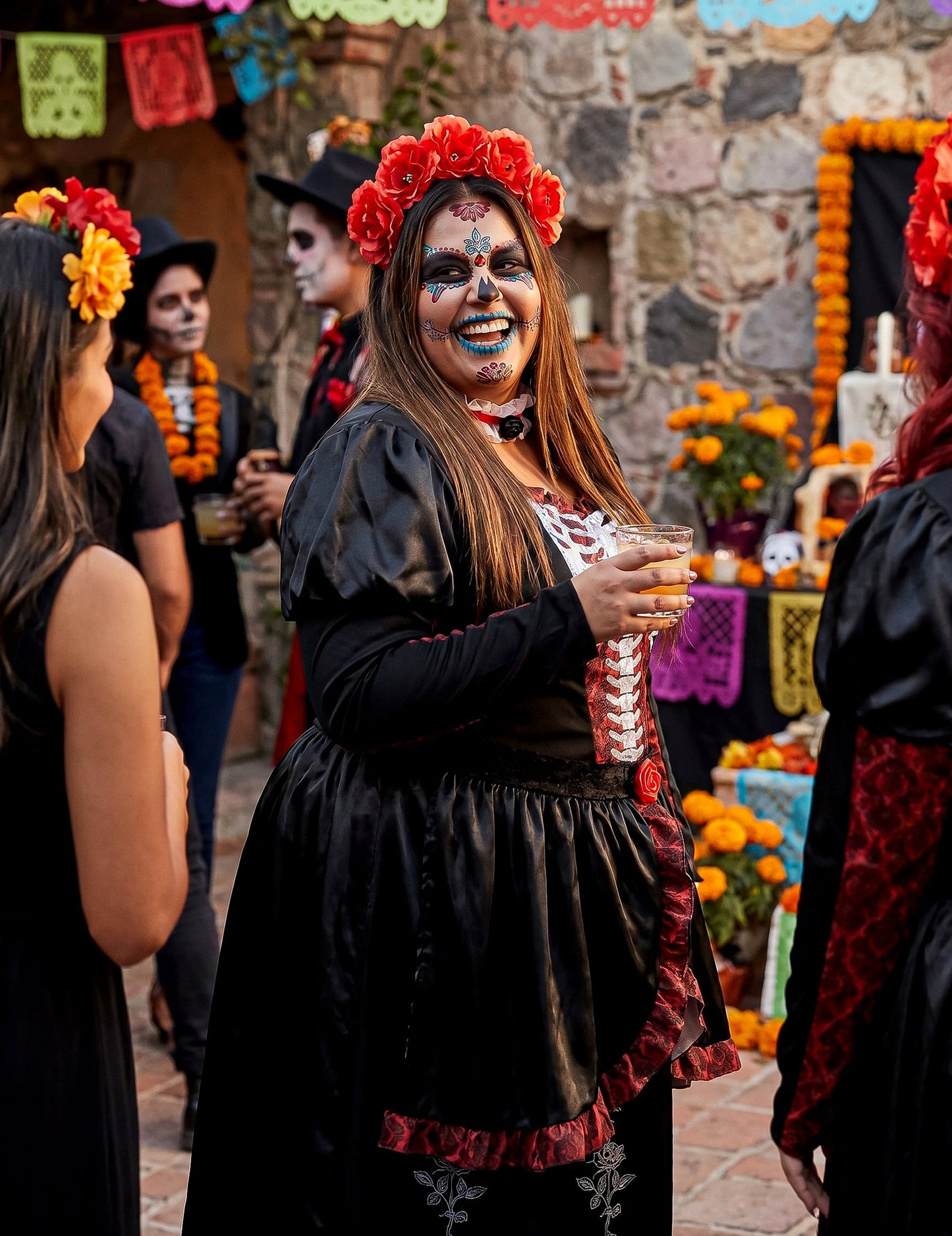 Dia de los muertos Damenkostüm in Übergröße für Frauen schwarz