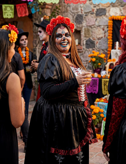 Dia de los muertos Damenkostüm in Übergröße für Frauen schwarz