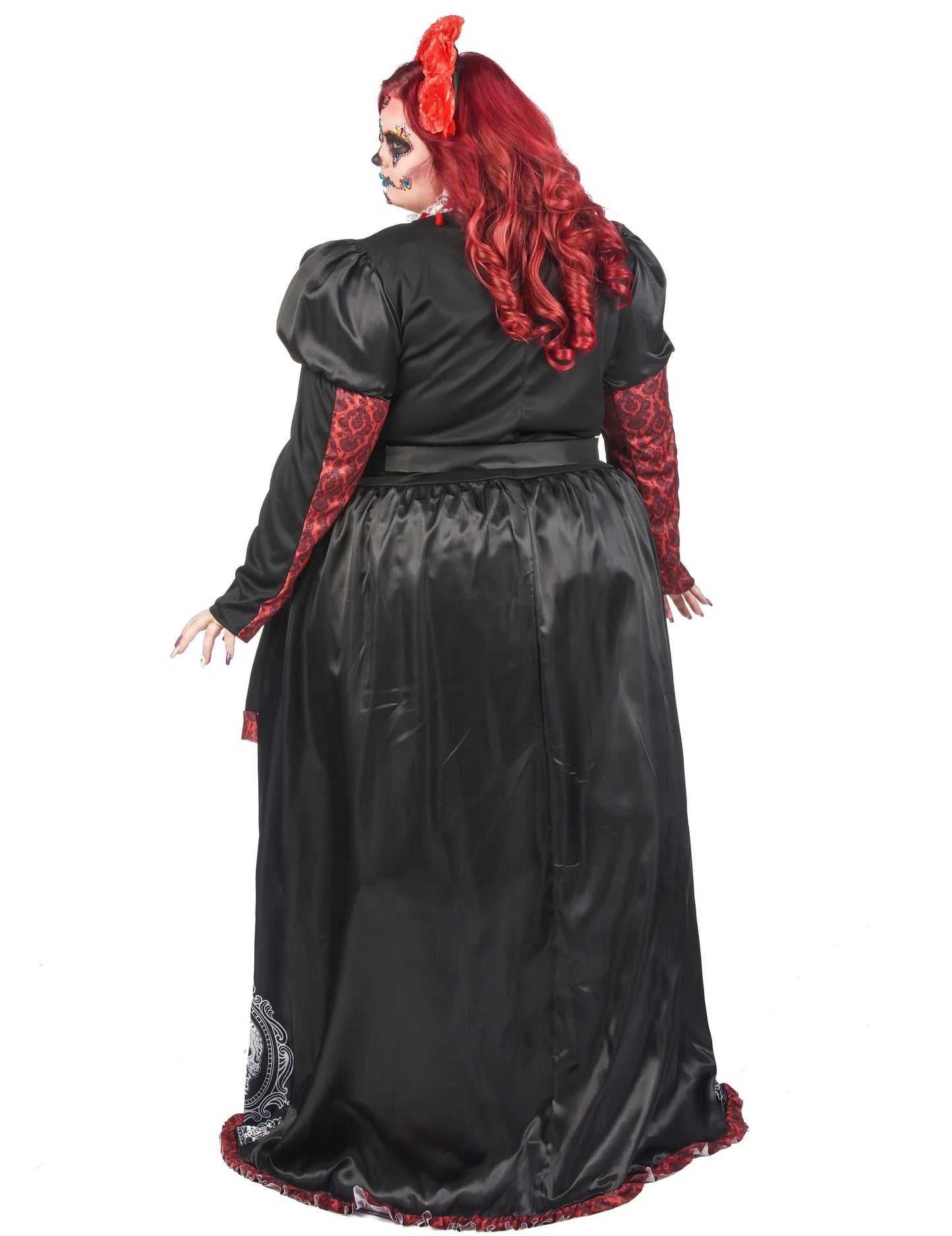 Vue de dos du déguisement robe longue Dia de los muertos pour femme