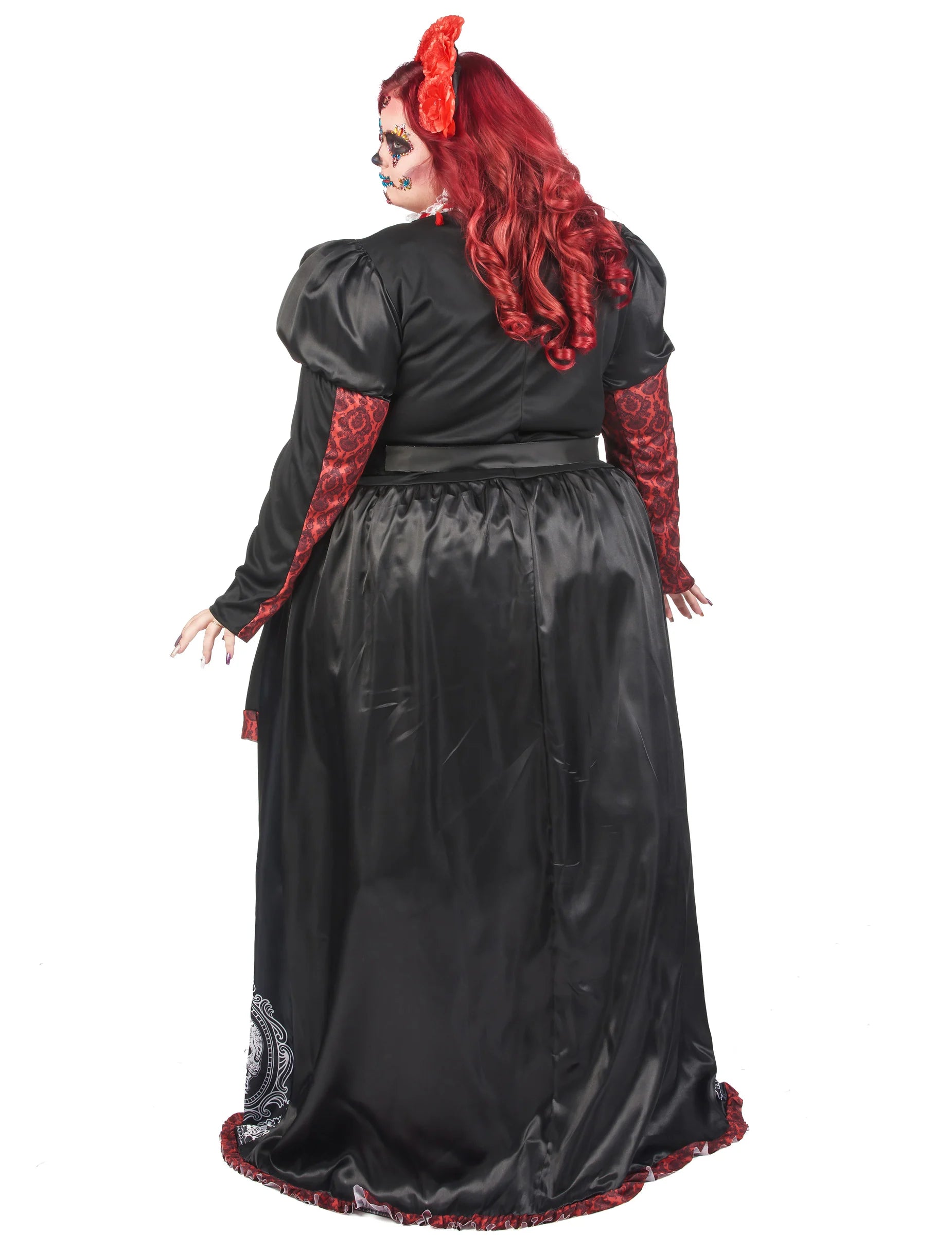 Vue de dos du déguisement robe longue Dia de los muertos pour femme