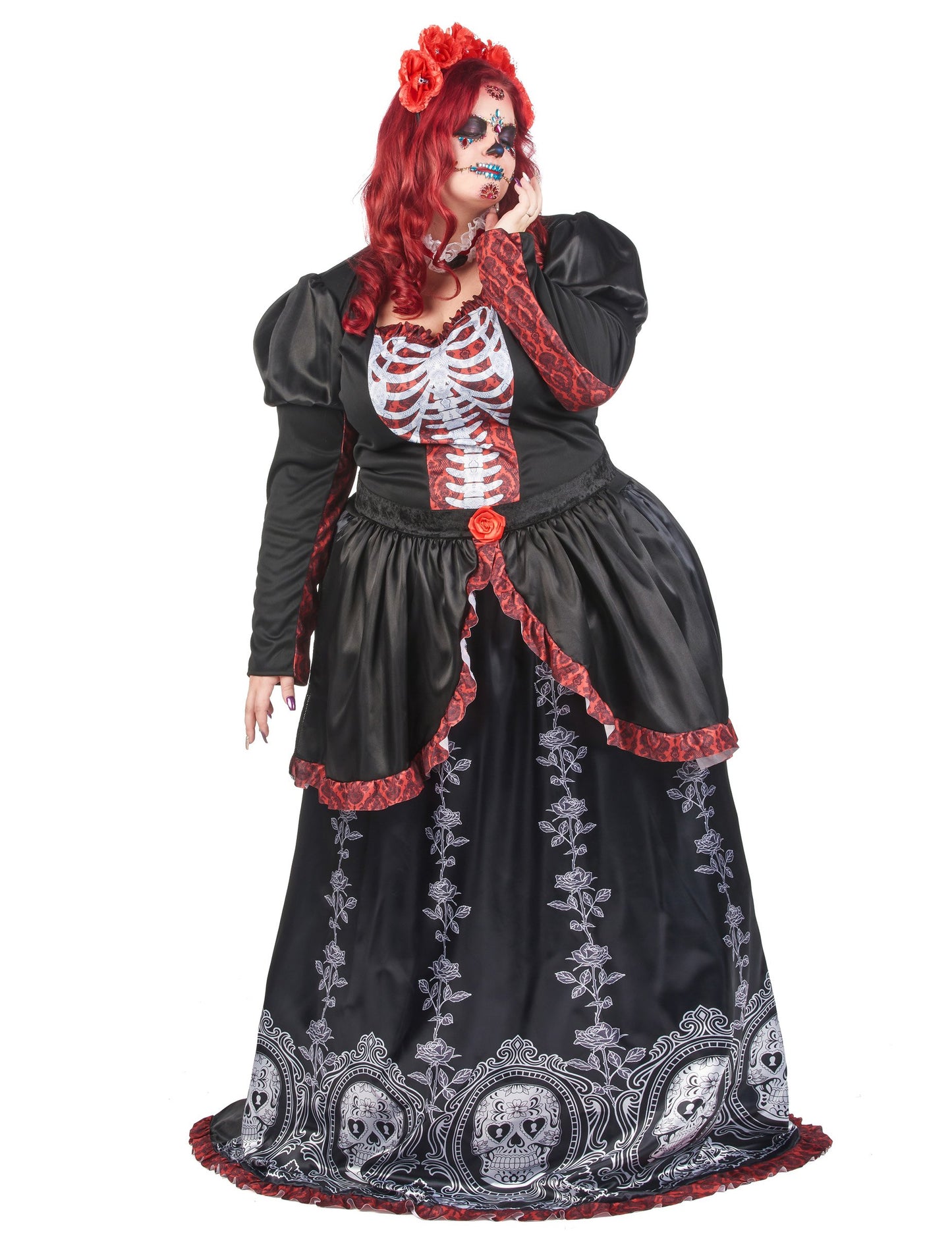 Déguisement robe longue Dia de los muertos pour femme noir et rouge avec motifs squelette