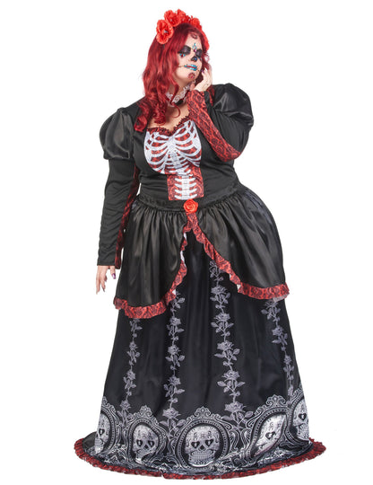 Déguisement robe longue Dia de los muertos pour femme noir et rouge avec motifs squelette