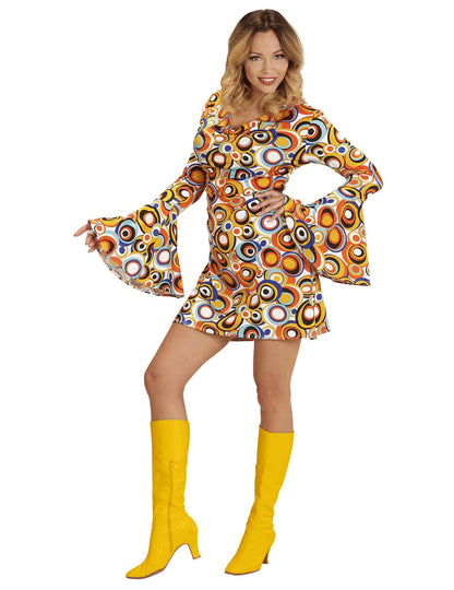 Déguisement groovy bubbles années 70 pour femme multicolore à motifs psychédéliques