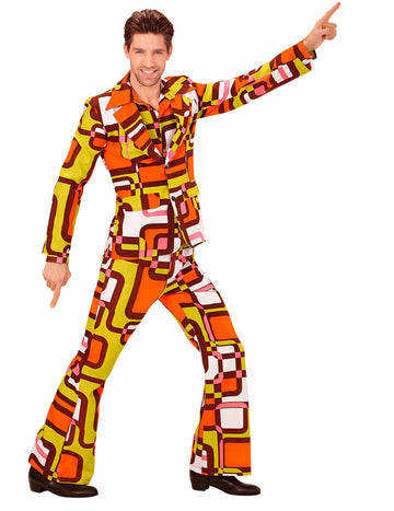Pánský kostým s geometrickým vzorem ve stylu 70. let