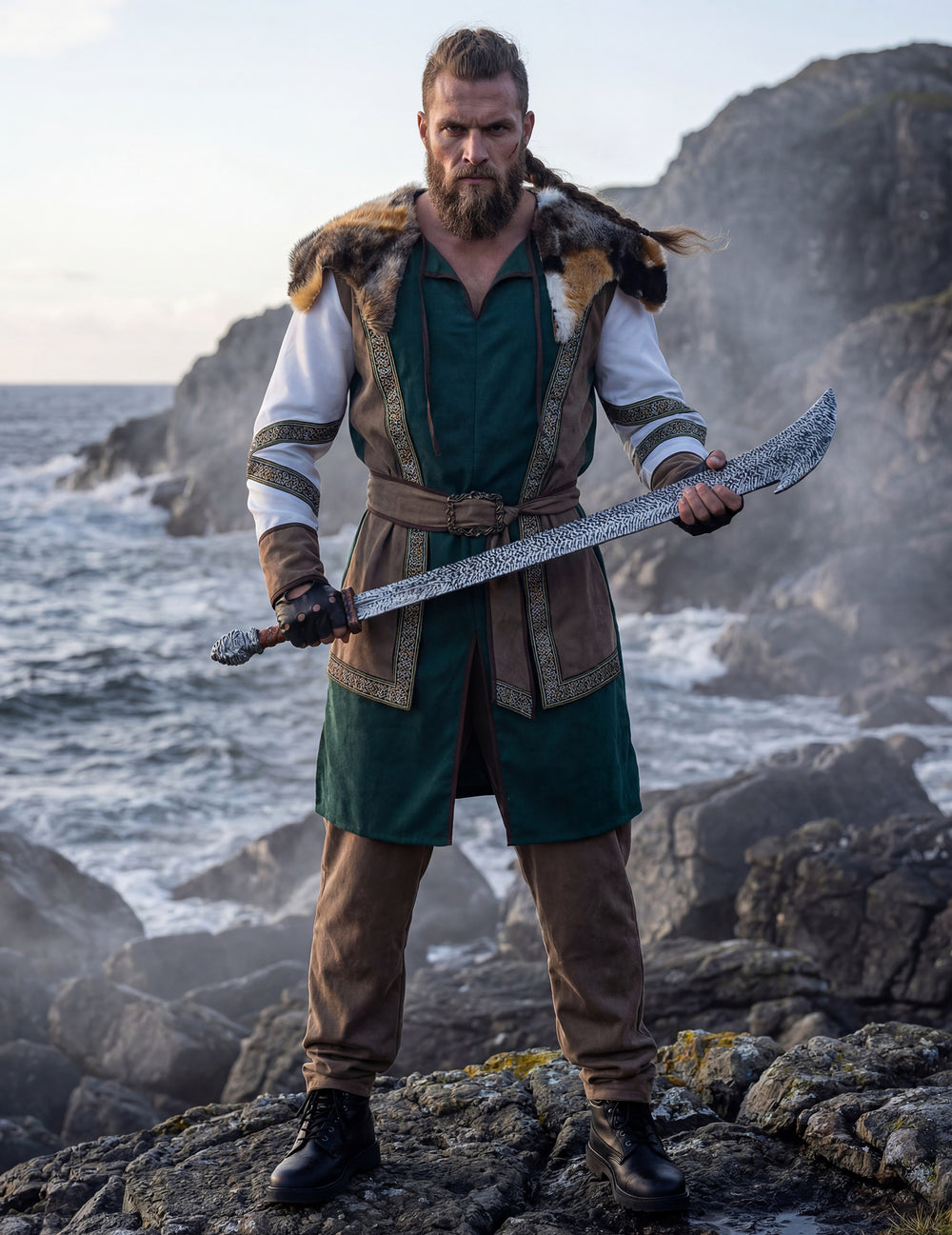 Déguisement guerrier viking luxe pour homme vert et marron avec col en fourrure