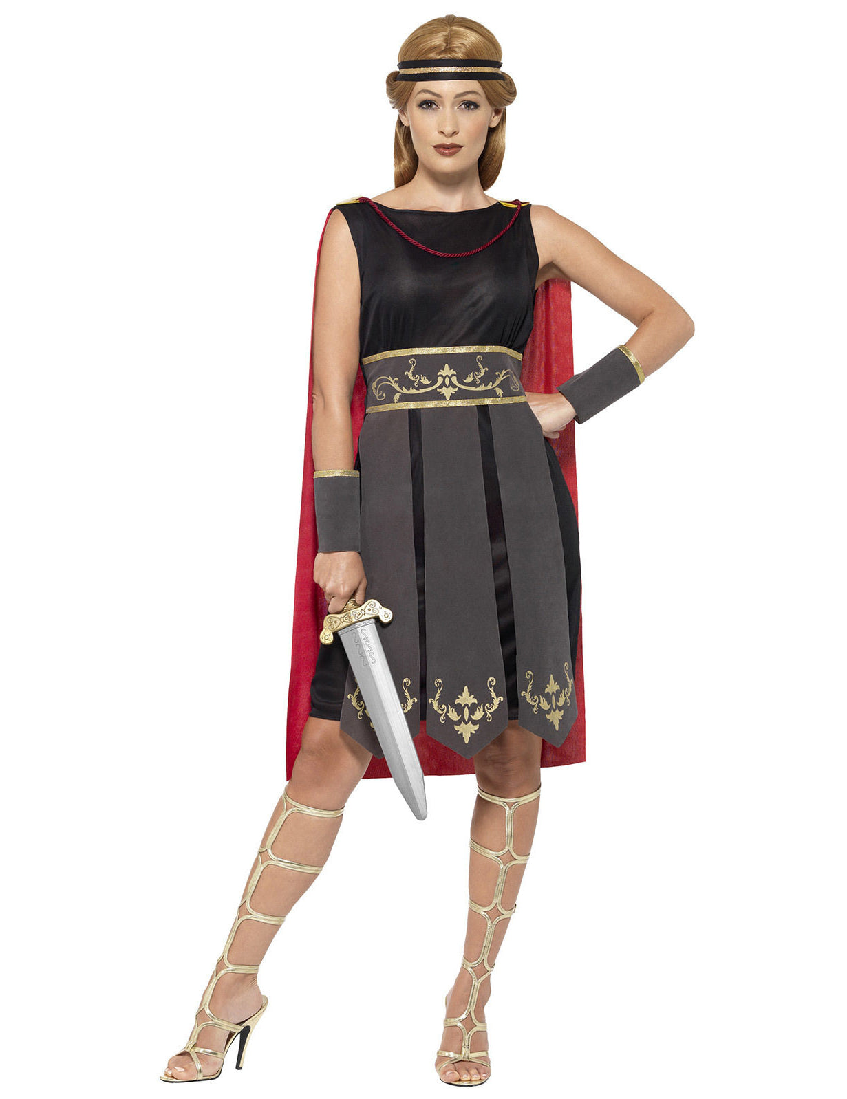 Déguisement de guerrière gladiatrice pour femme noir et rouge avec détails dorés