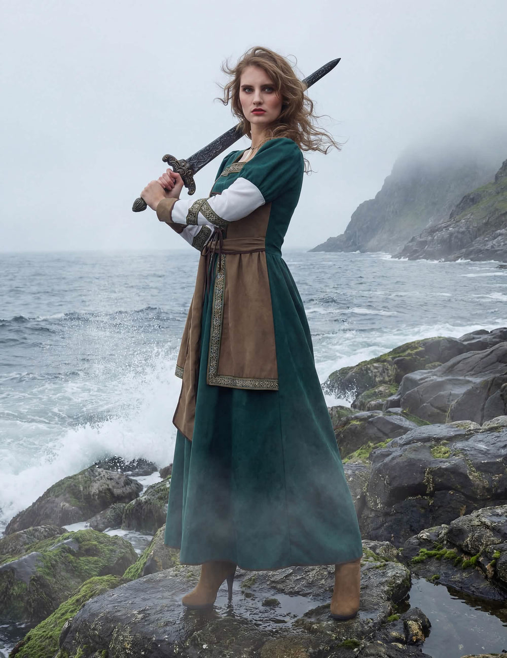 Boční pohled na luxusní vikingský kostým bojovnice pro ženu