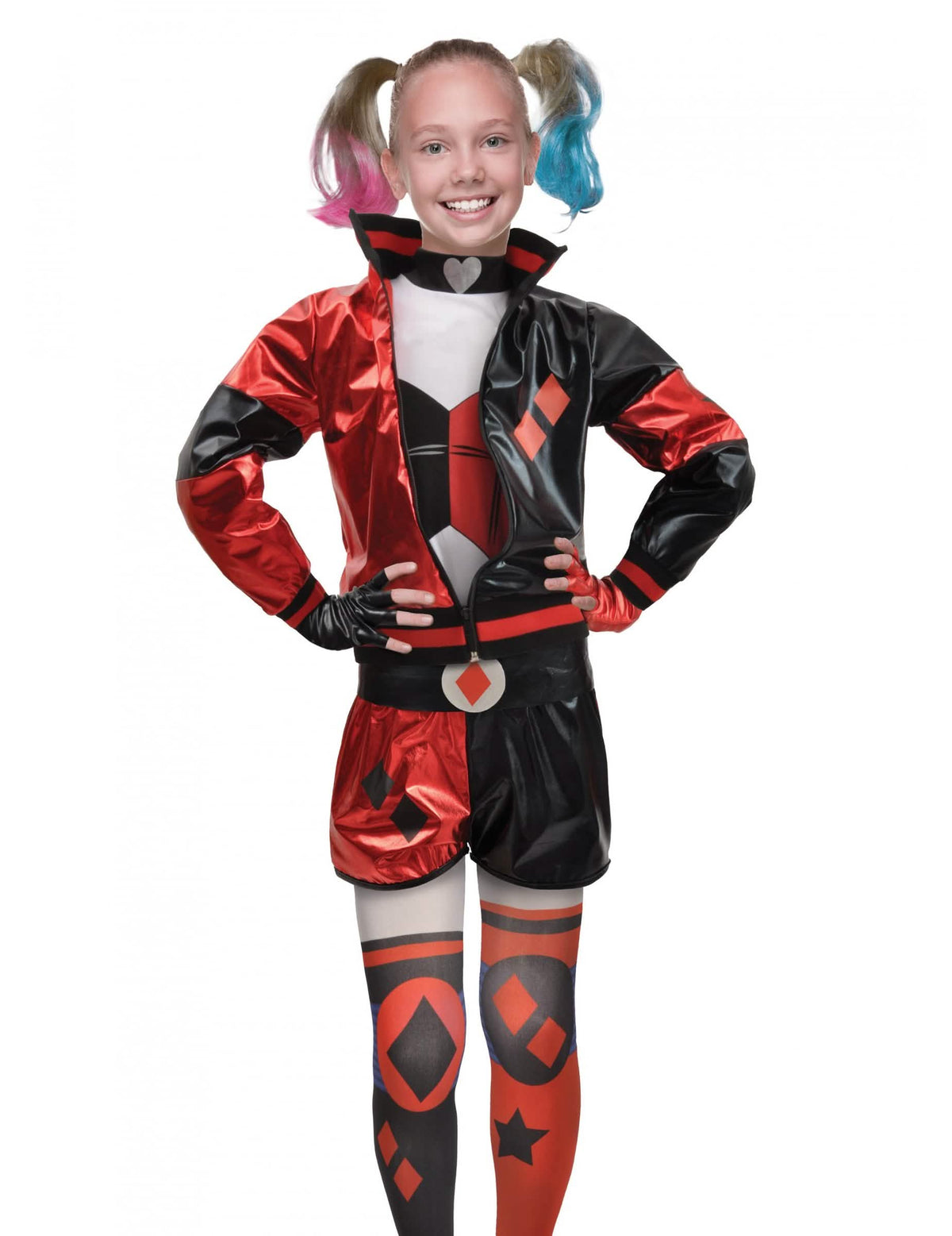 Pohled zepředu na kostým Harley Quinn™ pro dívku