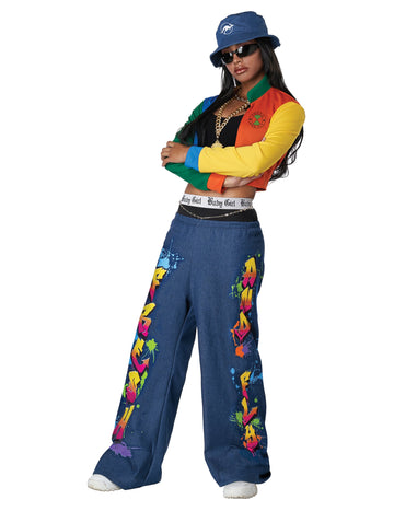 Mehrfarbiges 90er-Jahre Hip-Hop-Kostüm für Damen mit blauer Hose im Graffiti-Stil
