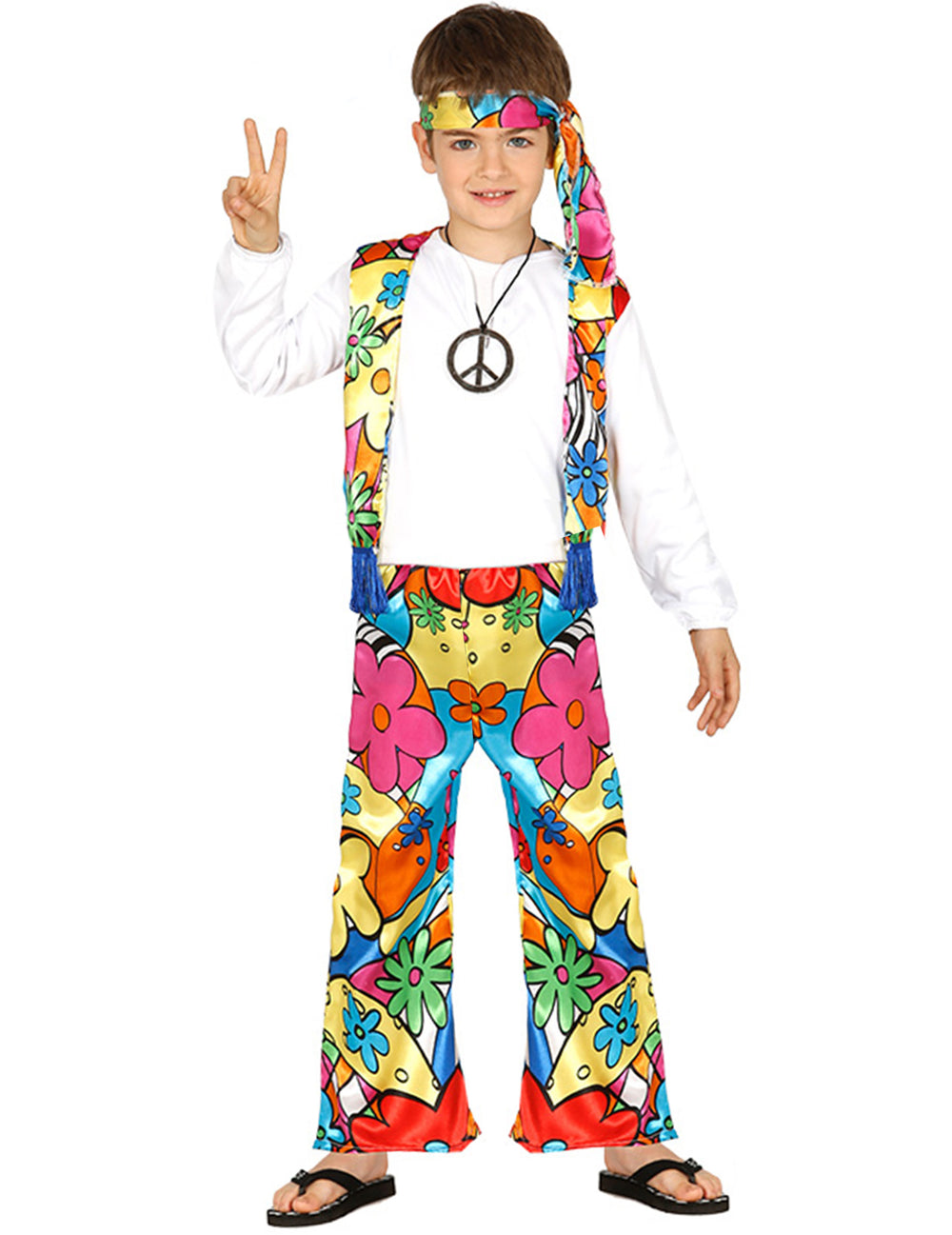 Déguisement hippie à grosses fleurs pour enfant multicolore avec gilet et bandeau