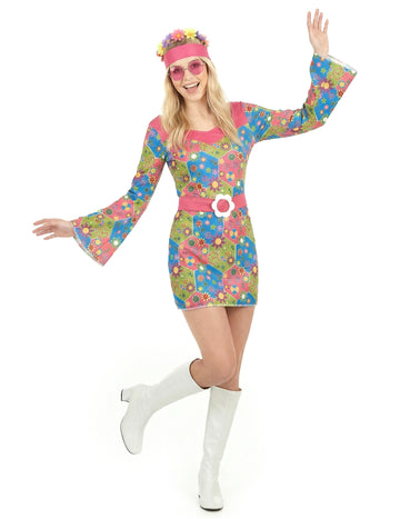 Déguisement hippie à fleurs pour femme multicolore avec bandeau rose