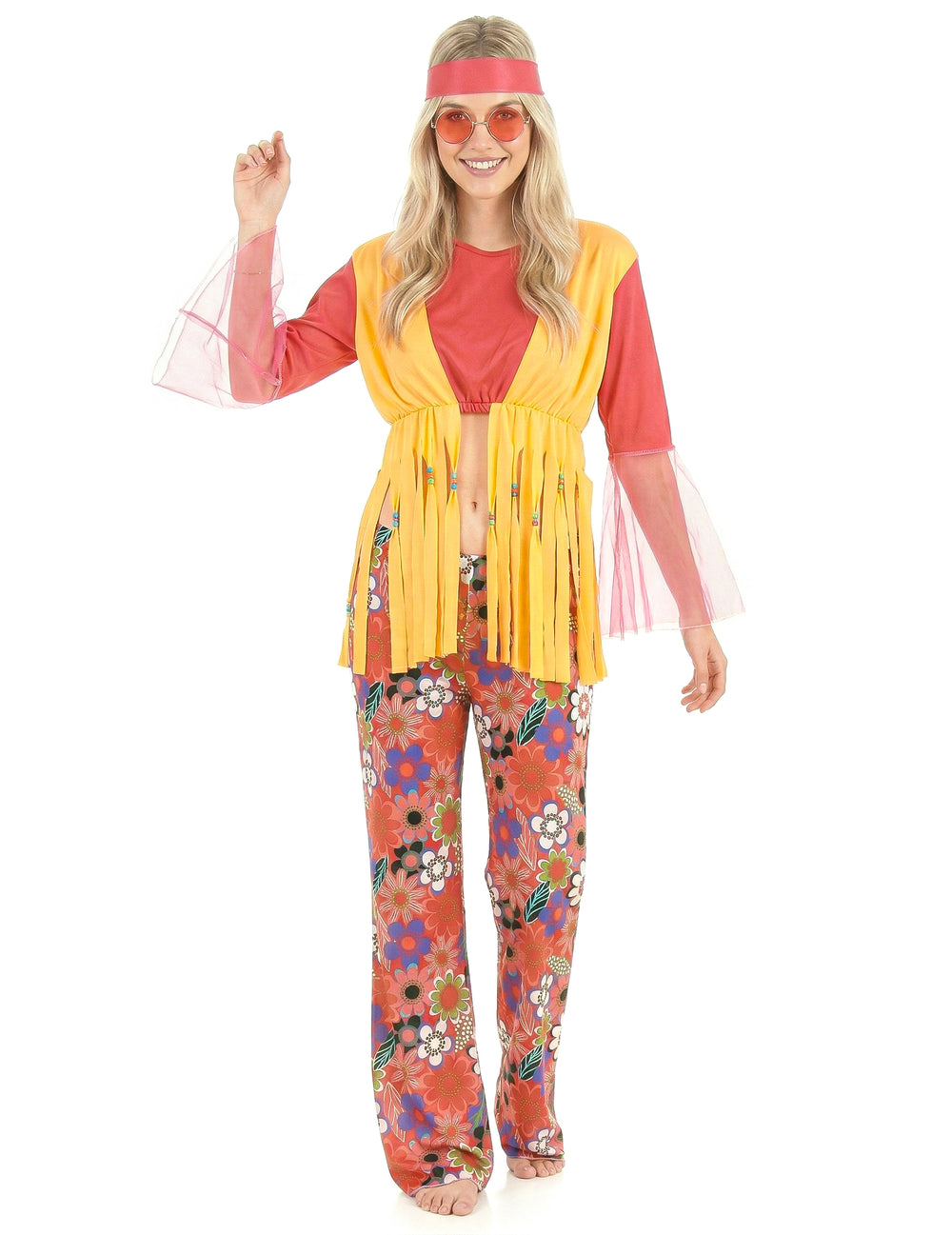 Déguisement hippie pour femme jaune et rouge à motifs fleurs avec bandeau