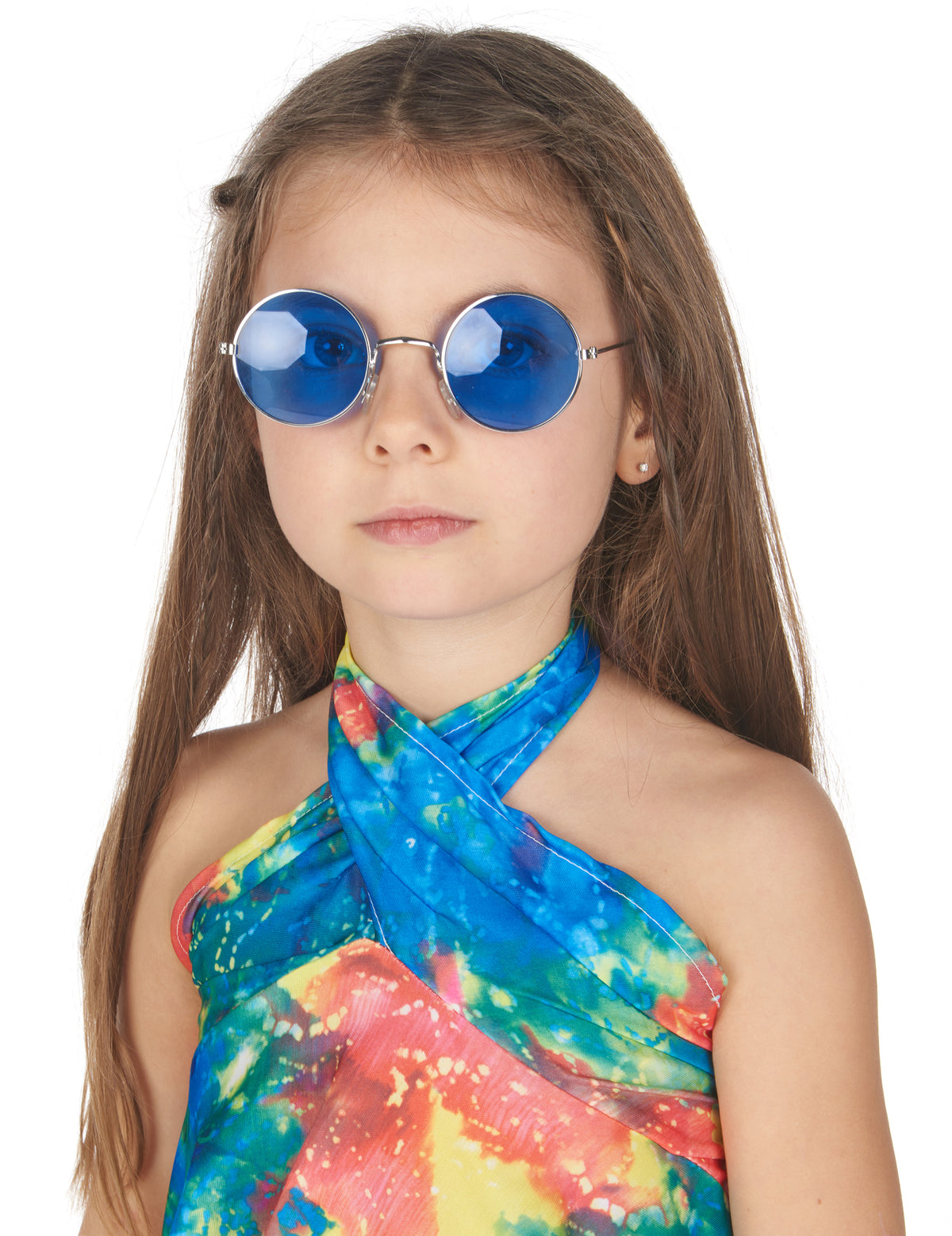 Gros plan sur les lunettes rondes bleues du déguisement hippie pour fille