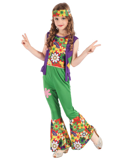 Déguisement hippie flower power pour fille vert avec motifs fleurs et bandeau