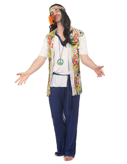 Déguisement hippie pour homme bleu avec gilet à fleurs et bandeau