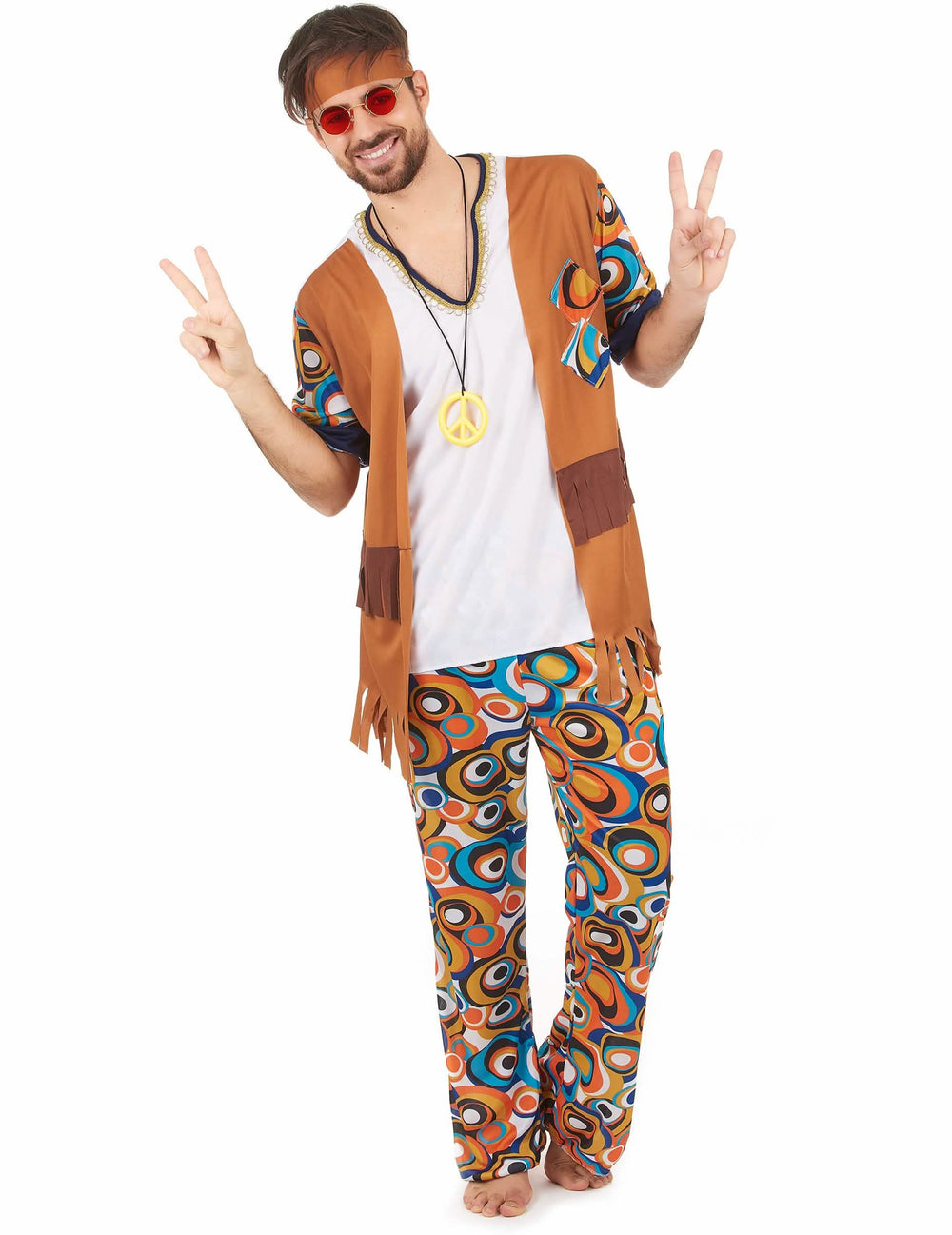 Hippie kostým s kulatými vzory pro muže, hnědá a bílá, s třásňovou vestou