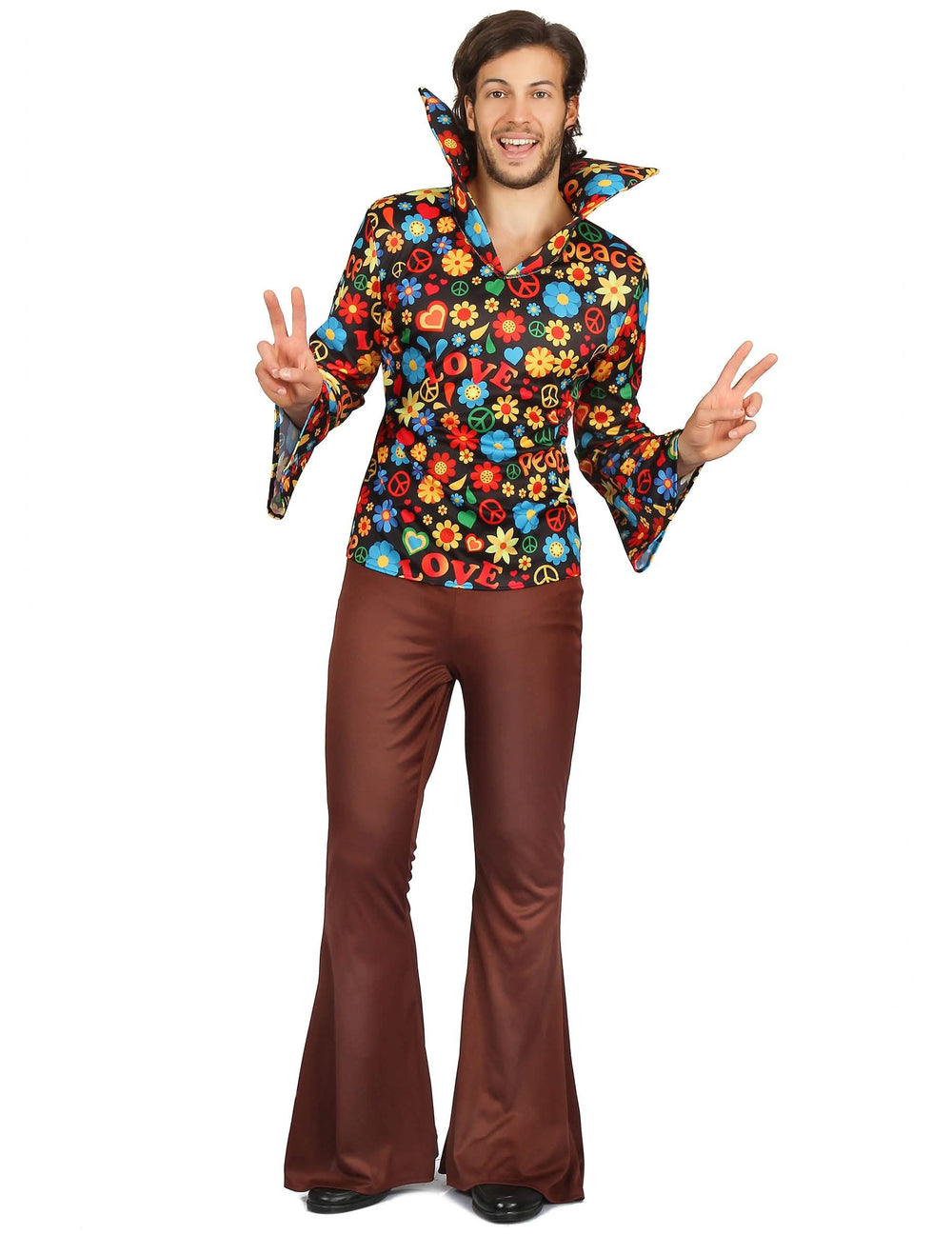 Hippie kostým pro muž s multibarevnými květy a hnědá kalhotami