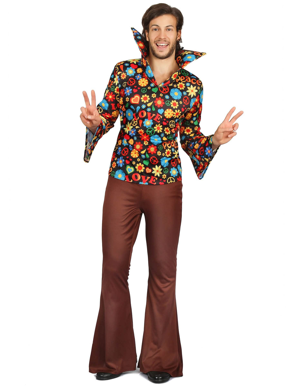 Hippie kostým pro muž s multibarevnými květy a hnědá kalhotami