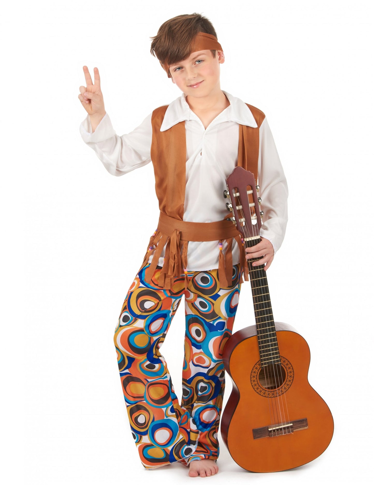 Déguisement hippie pour garçon marron avec pantalon à motifs psychédéliques