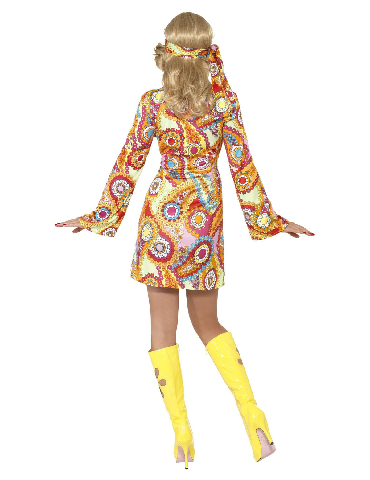 Vue de dos du déguisement hippie pour femme à motifs colorés