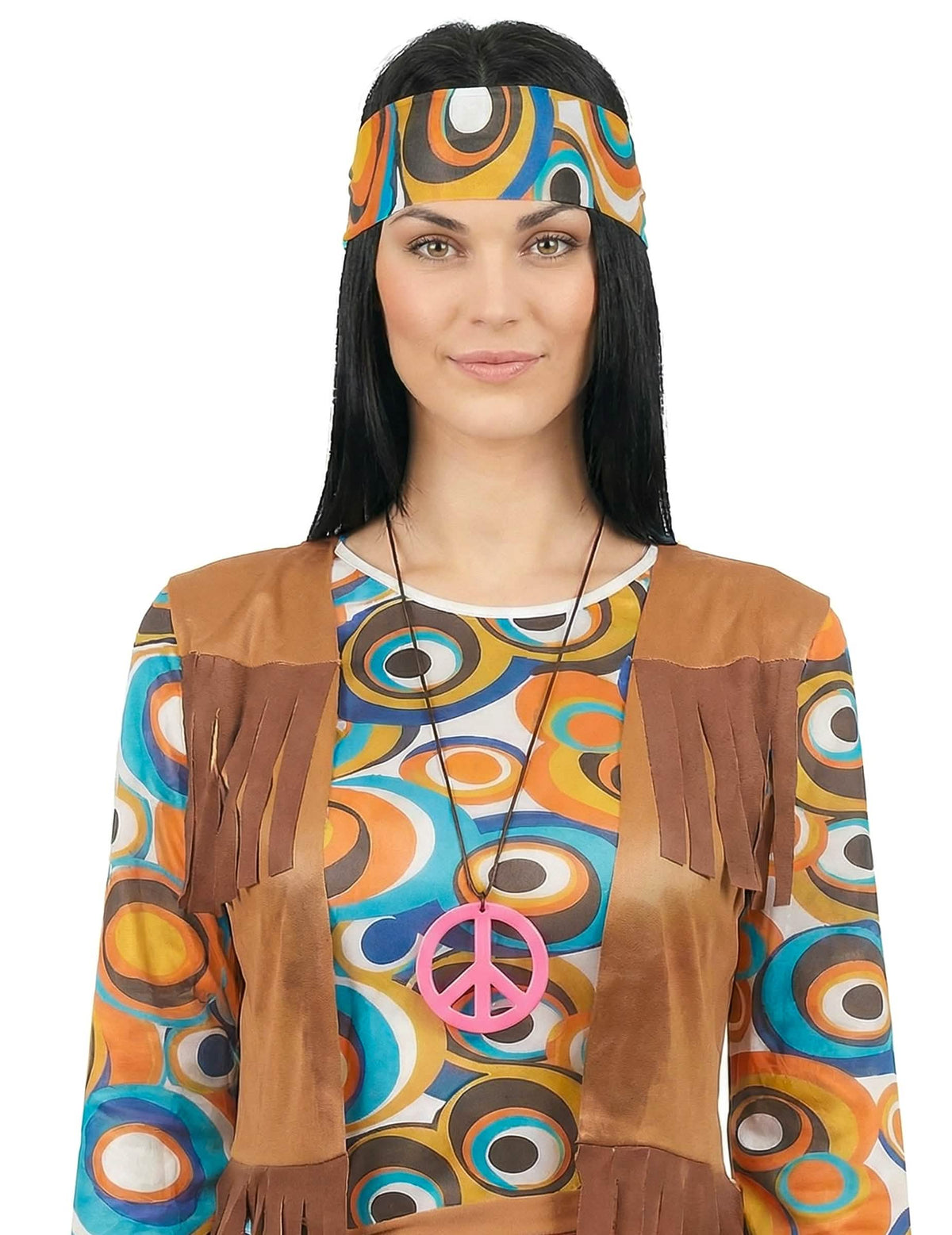 Detail na doplňky hippie kostýmu s kulatými vzory