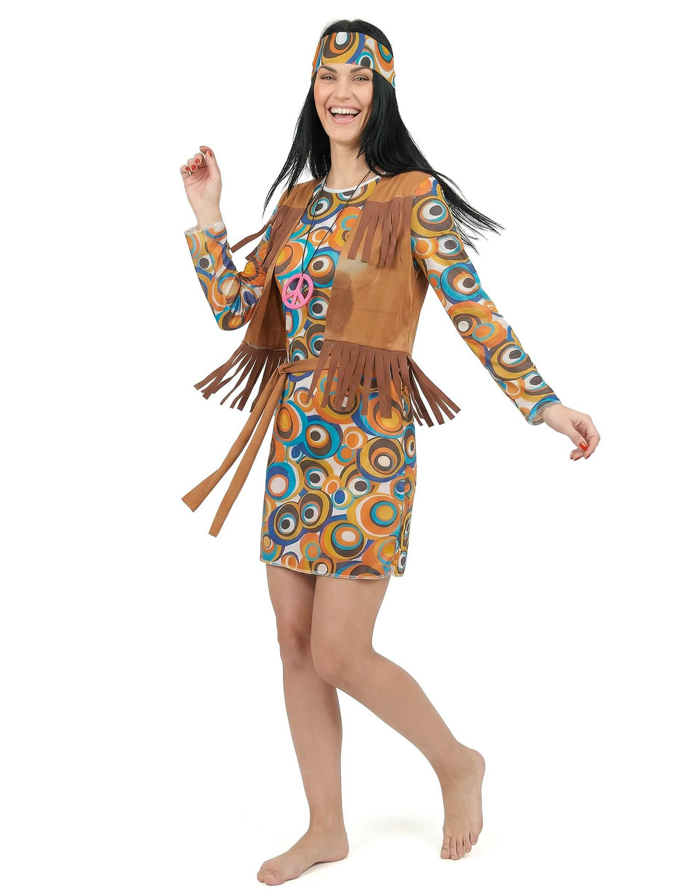 Hippie kostým s kulatými vzory pro ženu vícebarevné s hnědá vestou s třásněmi