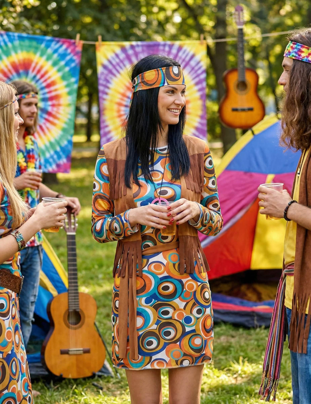 Sváteční aranžování hippie kostýmu s kulatými vzory