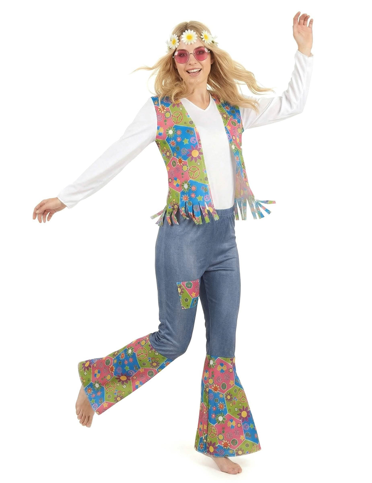 Pohled zepředu na hippie kostým peace and love pro ženu