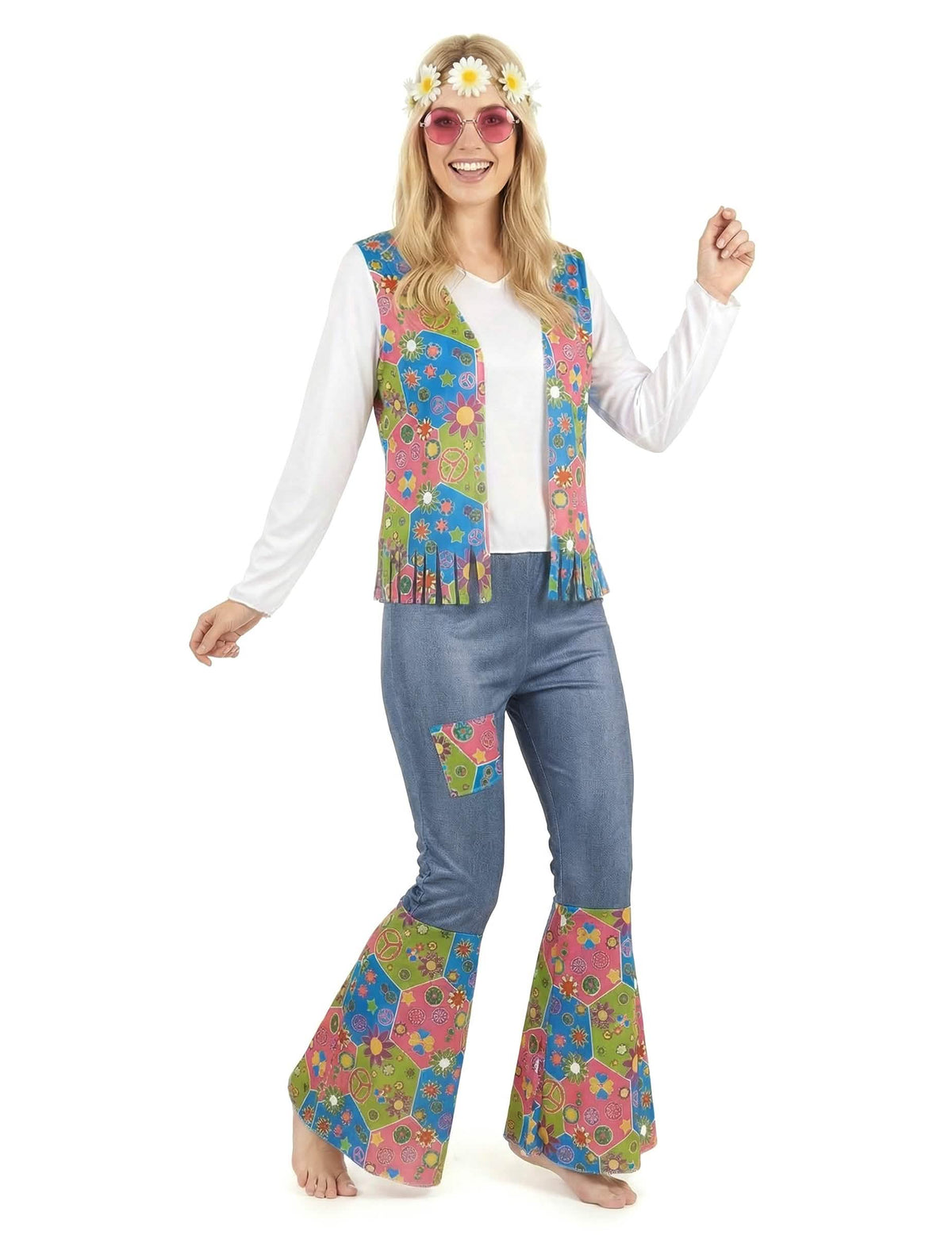 Pohled zepředu na hippie kostým peace and love pro ženu