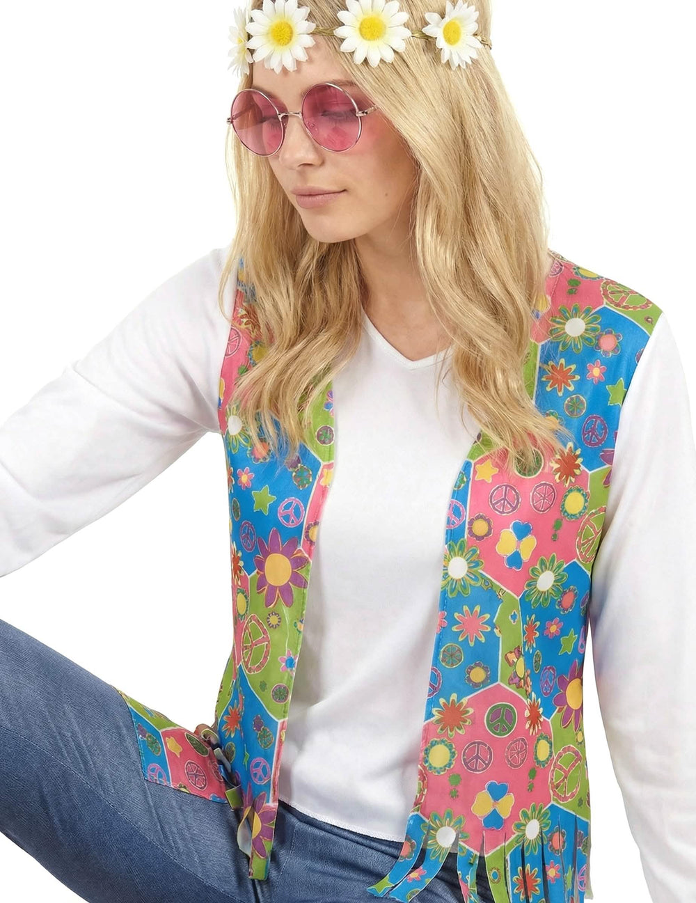 Detail vesty s třásněmi a doplňků hippie kostýmu peace and love pro ženu