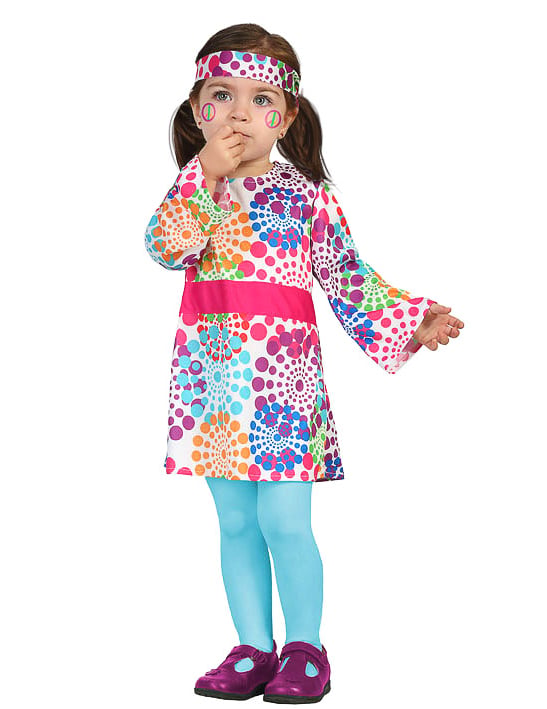 Déguisement hippie robe pour bébé multicolore à pois avec bandeau
