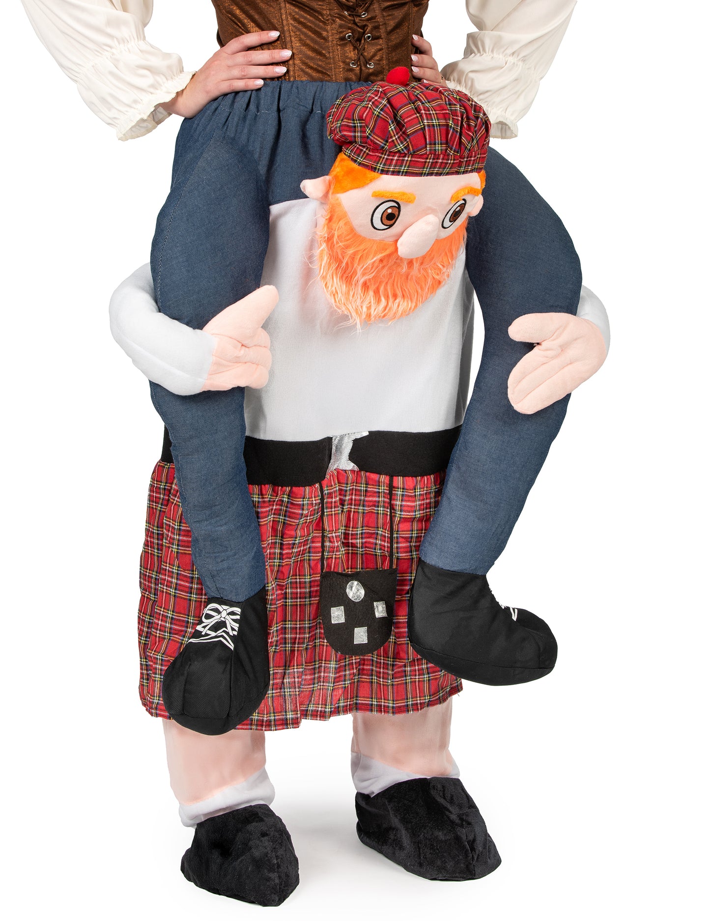 Gros plan sur le personnage écossais et les jambes factices du déguisement à dos d'écossais pour adulte