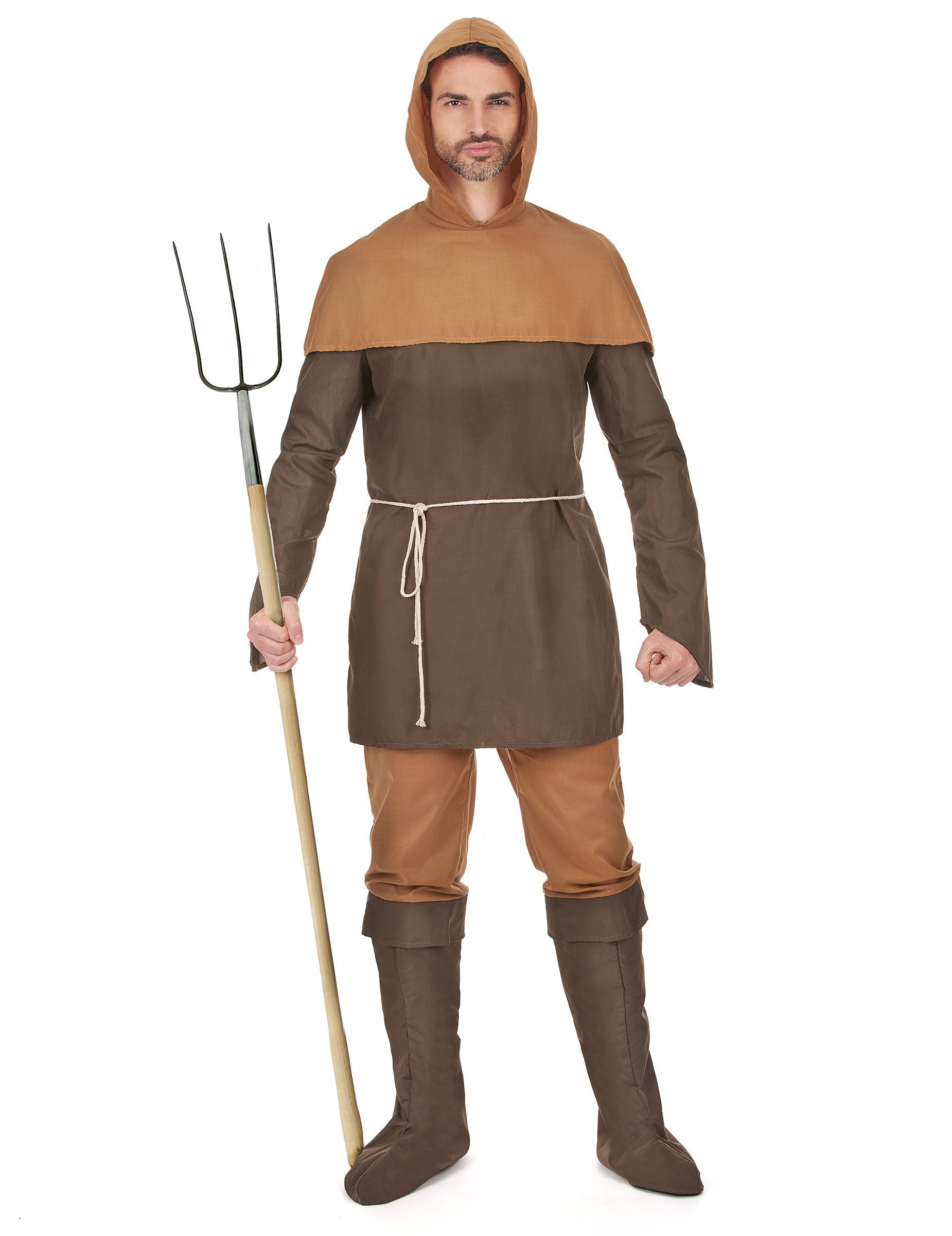 Déguisement paysan médiéval pour homme marron et beige avec capuche