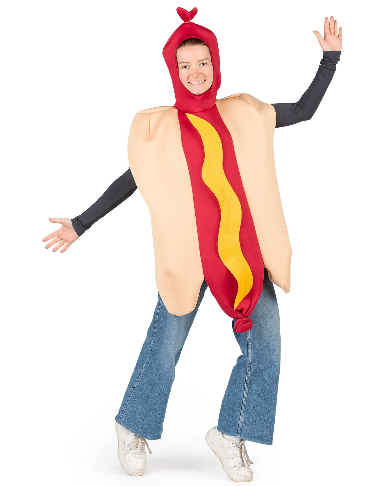 Kostým hot dog pro dospělý béžová a červená s žlutá hořčicí