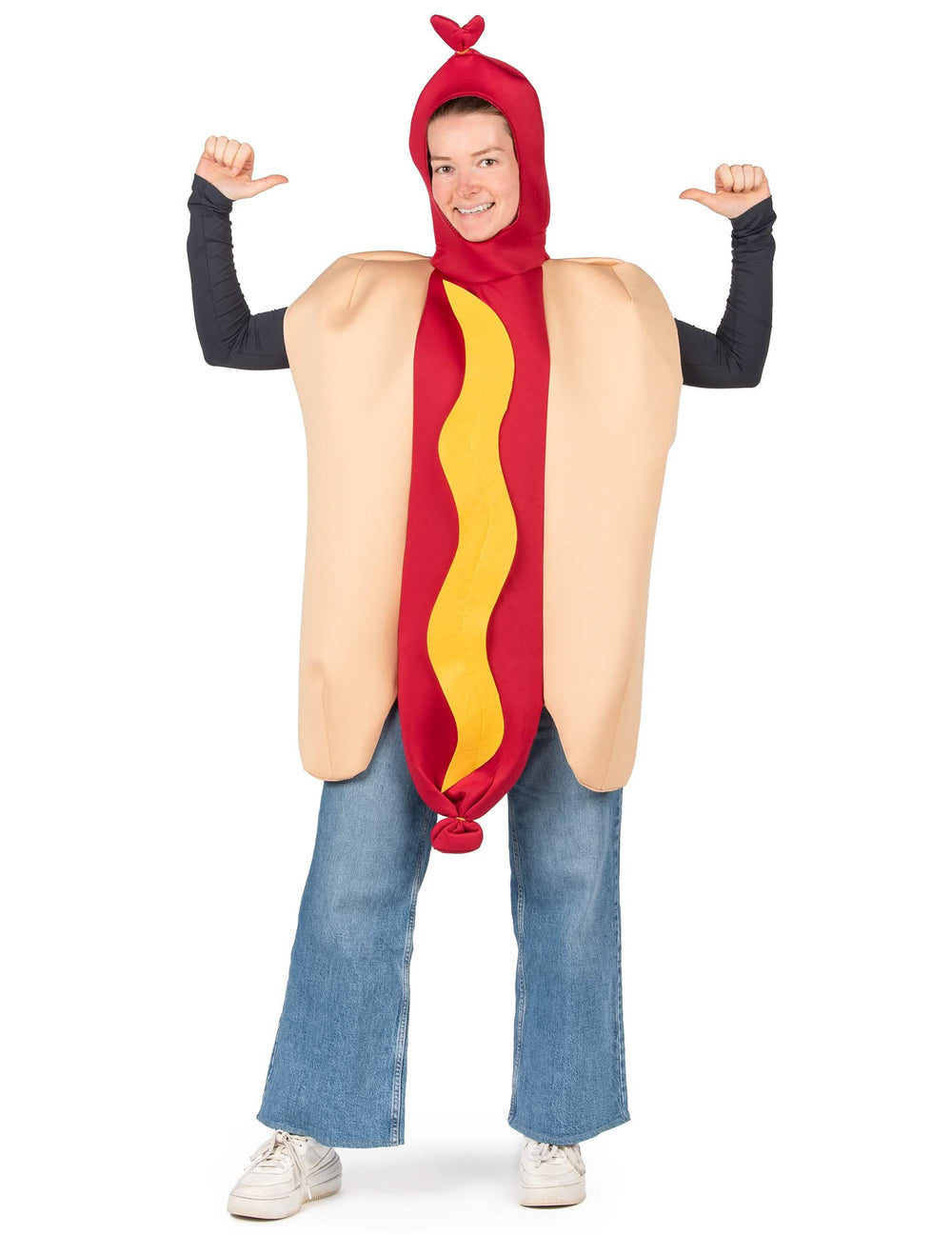 Pohled zepředu na dospělý kostým hot dogu
