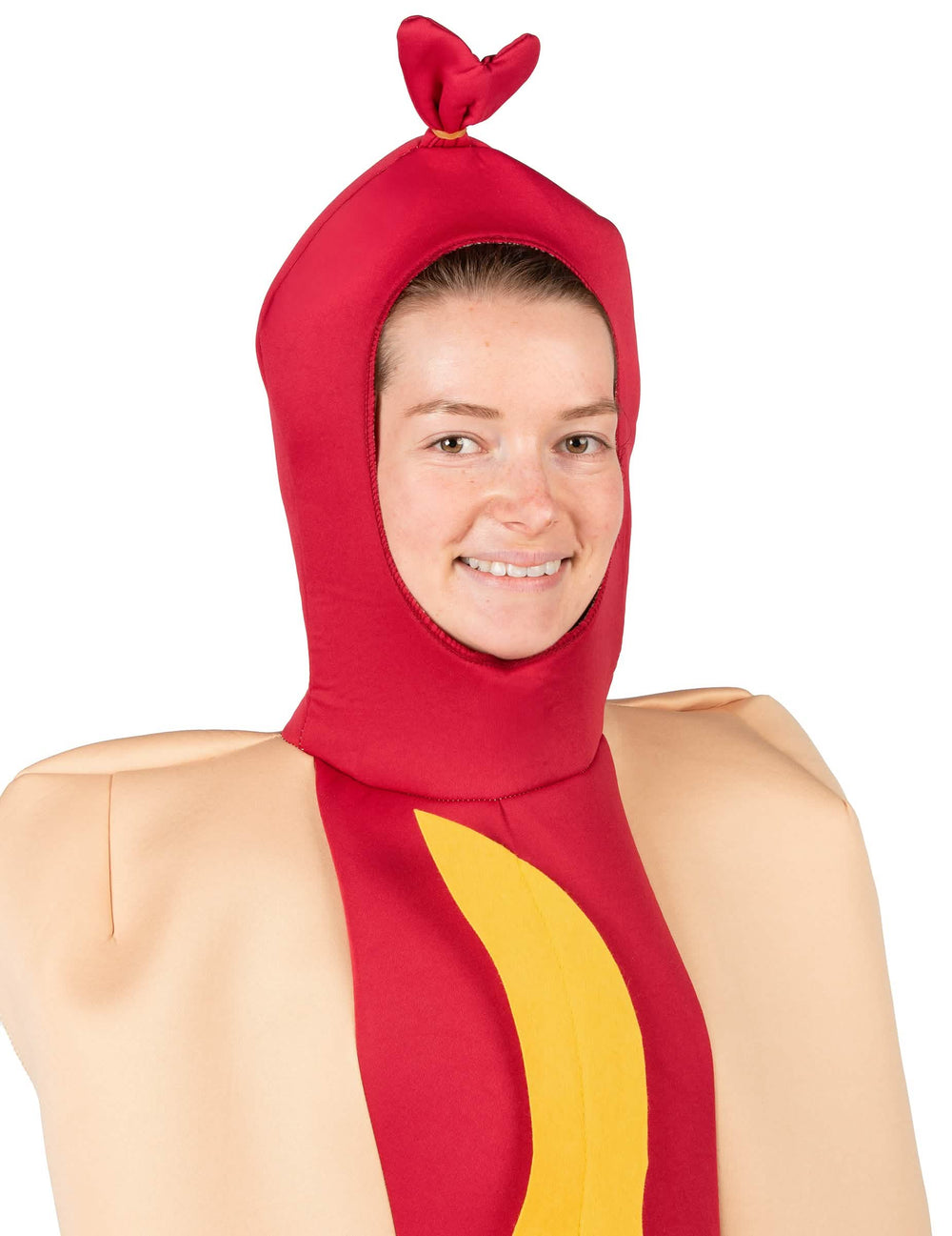 Detail na kapuci dospělého kostýmu hot dog