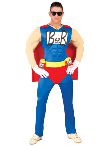 Déguisement humoristique Beerman pour adulte bleu et rouge avec cape et muscles