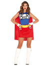Déguisement humoristique Beerwoman pour femme rouge et bleu avec cape et ceinture porte-canettes