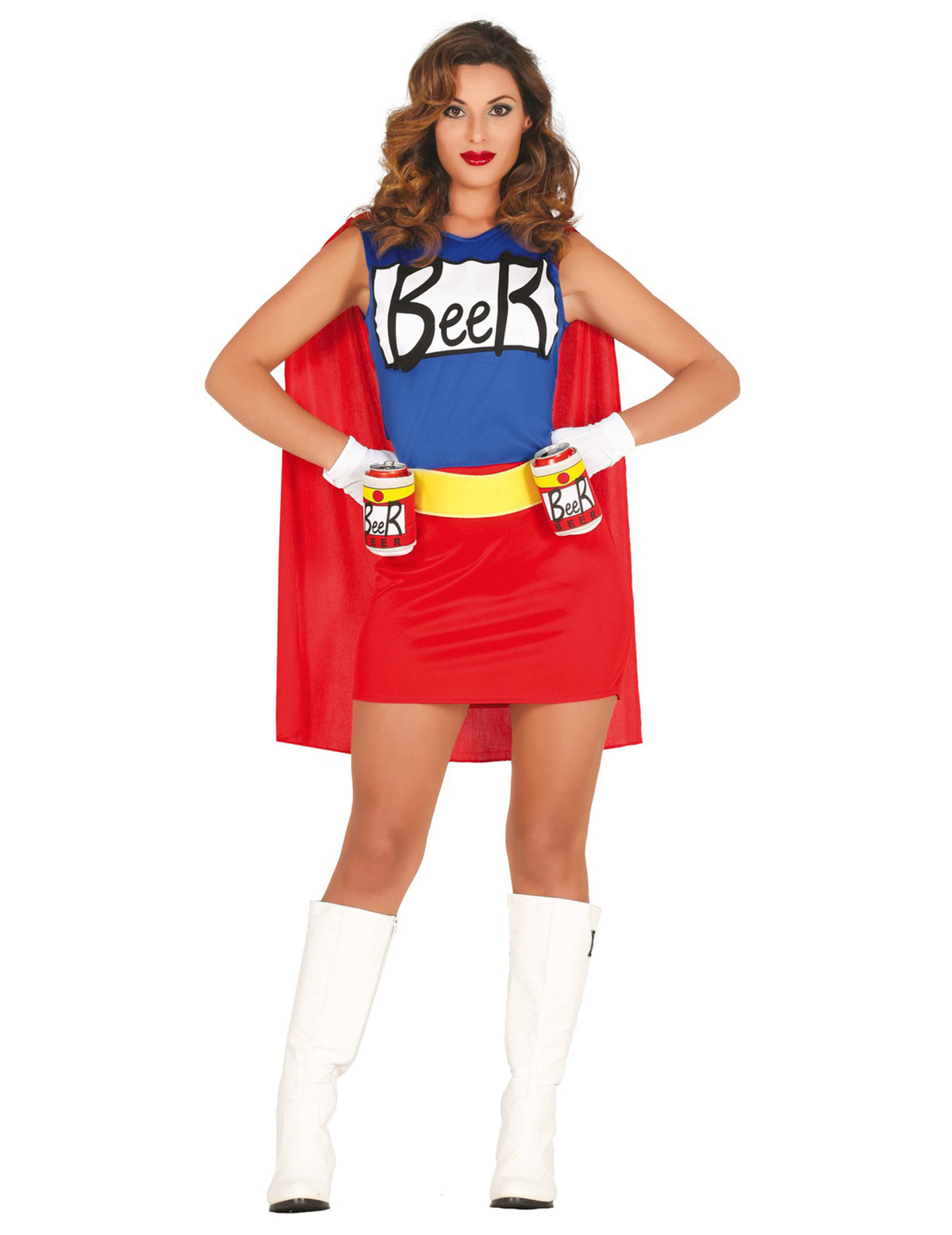 Déguisement humoristique Beerwoman pour femme rouge et bleu avec cape et ceinture porte-canettes