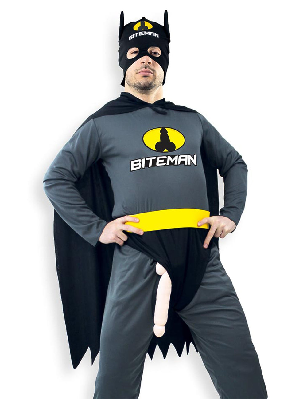 Déguisement humoristique Biteman pour homme gris et noir avec logo jaune